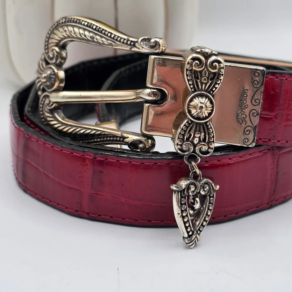 Brighton Red Black Reversible Croc Embossed Leather Western Belt 36 B40207